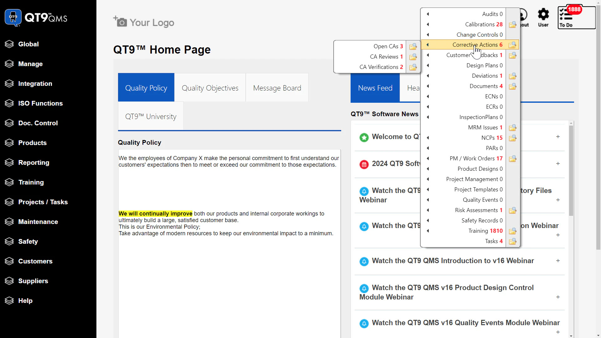 screenshot of QT9 QMS